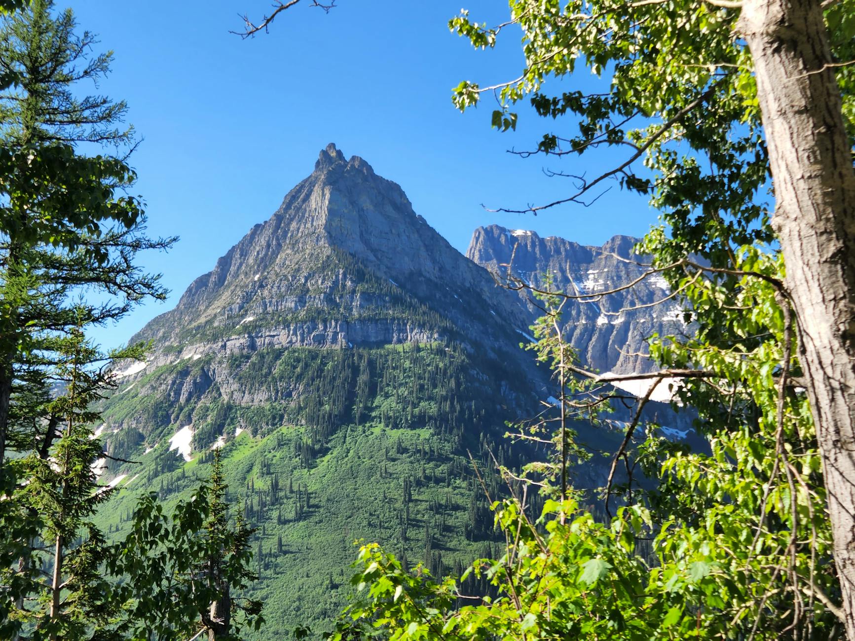 Stunning view of a prominent mountain peak surrounded by lush greenery and clear blue sky.