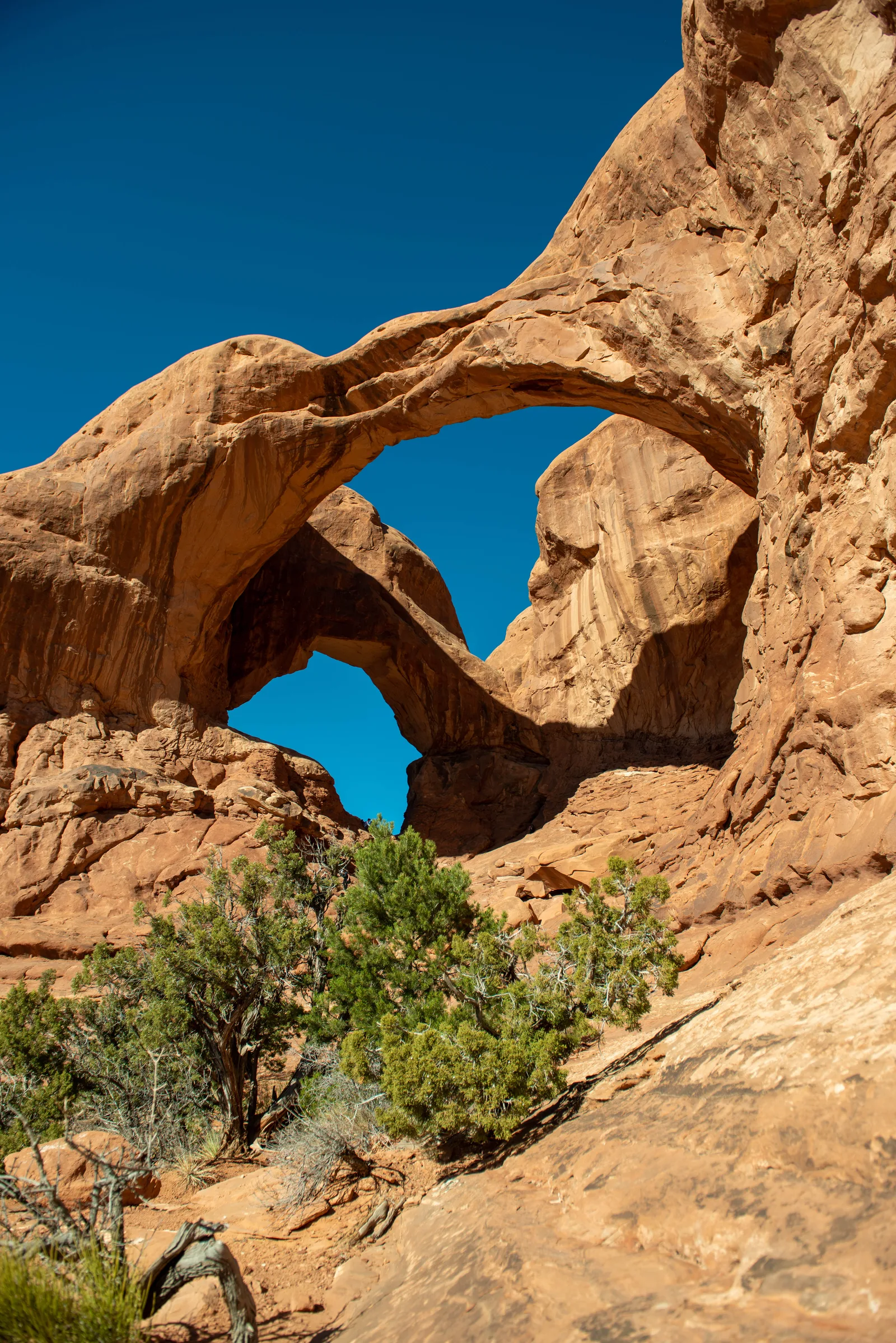 Two sandstone arches connected on the left against a backdrop of blue sky.