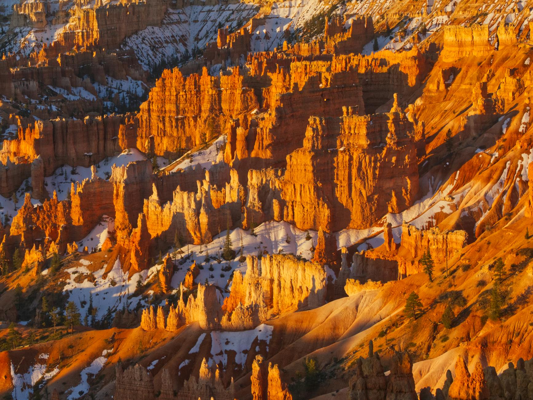 Golden sunset light illuminates Bryce Canyon's iconic hoodoos in Utah, showcasing stunning geological formations.