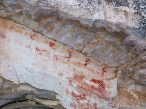 Under a limestone overhang, remnants of 6 deer in a row painted in red pigment a on rock wall.