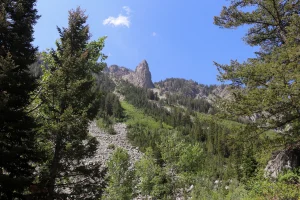 A rock pinnacle towers above at the top of a slope covered in boulders and green vegetation.