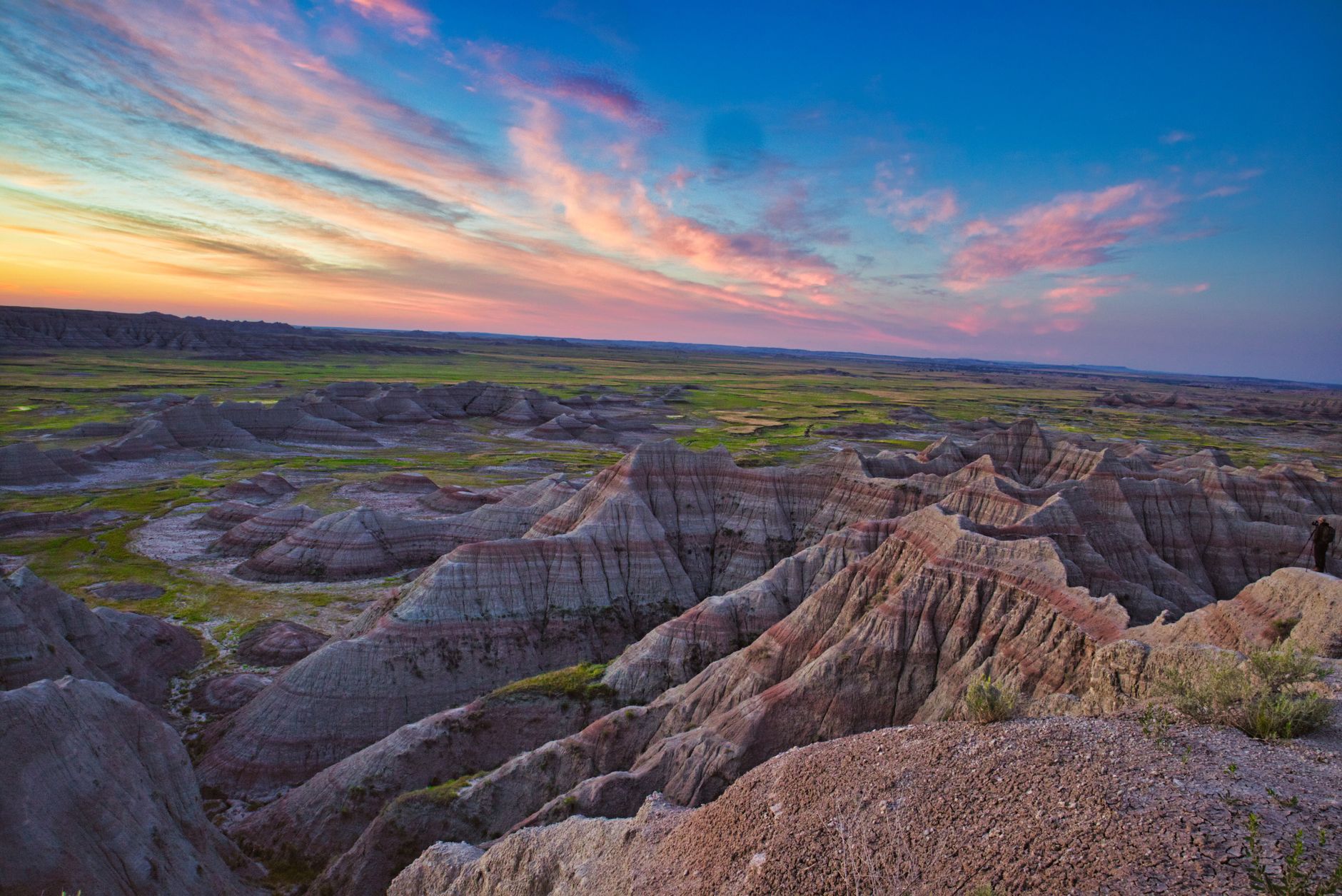 Stunning sunrise over the rock formations in Badlands National Park, South Dakota.