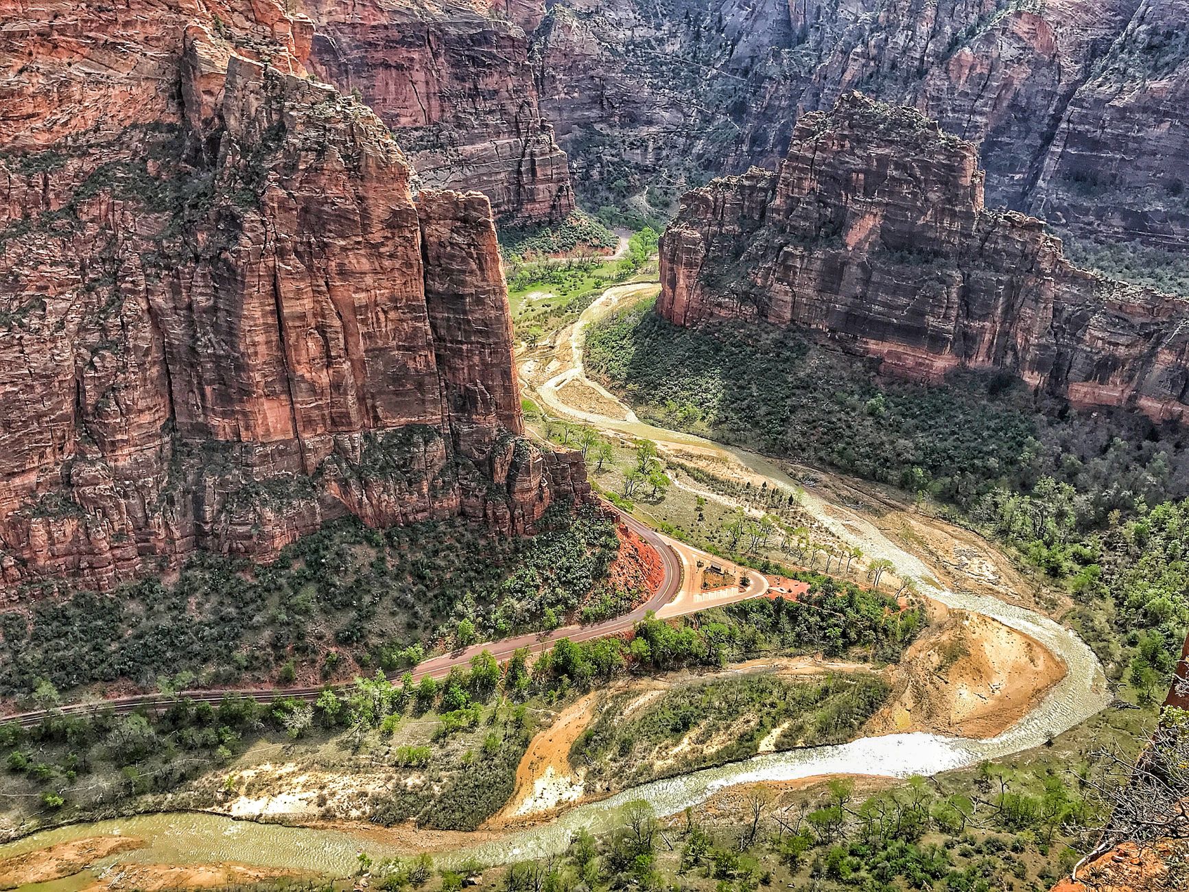 Stunning aerial view of Zion National Park's canyon and river in Utah.
