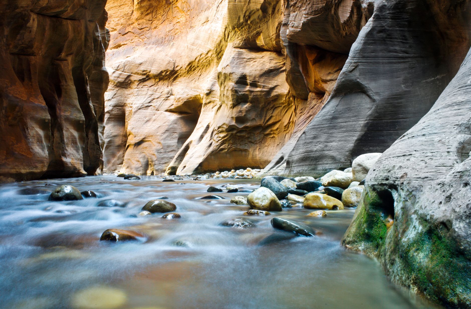 Explore the breathtaking beauty of Zion's Narrows with smooth flowing water and towering canyon walls.