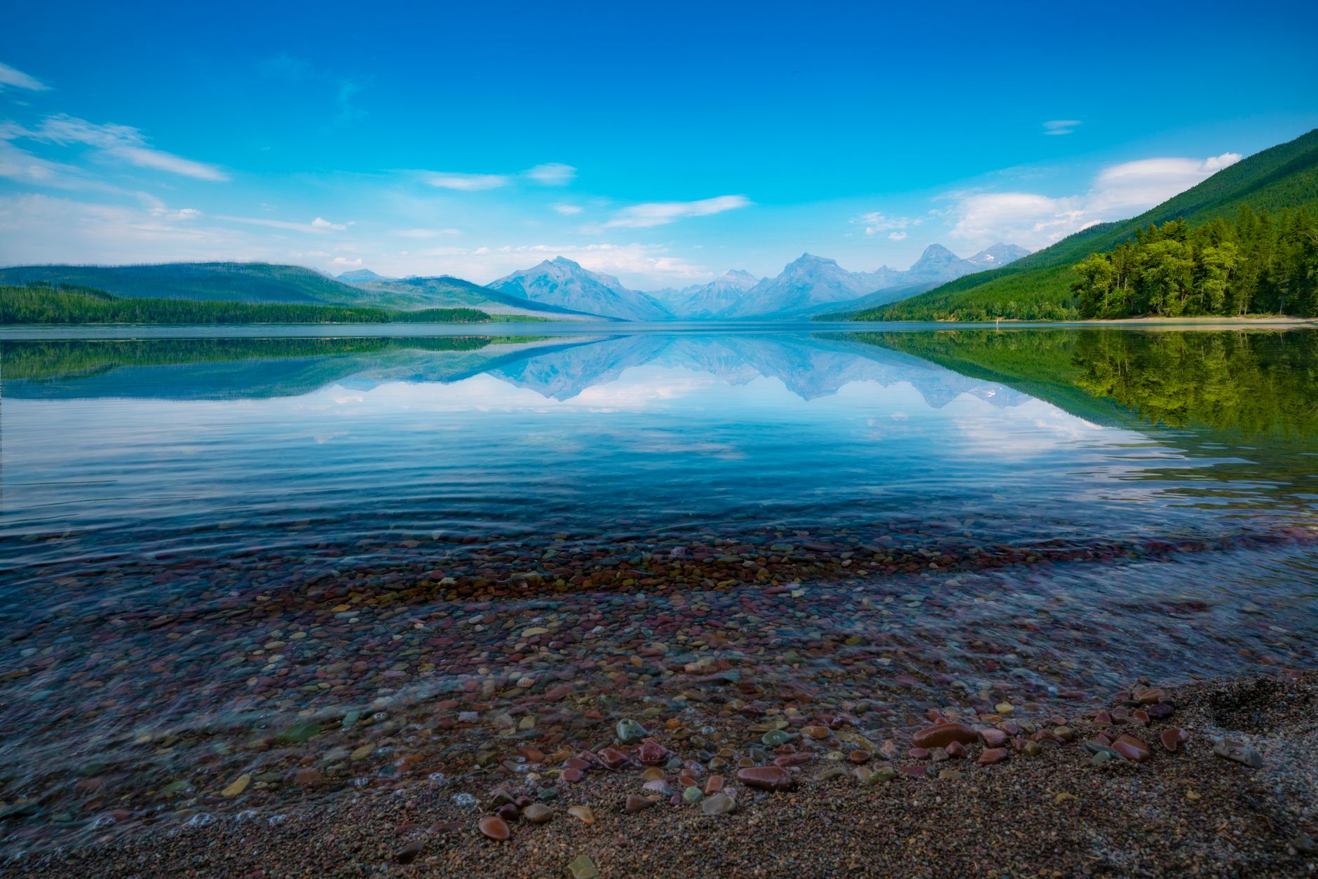 Breathtaking view of Lake McDonald with mountains reflecting in clear water, Glacier National Park.