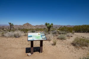 A colorful wayside sign, in the background there are mountains and Joshua trees.