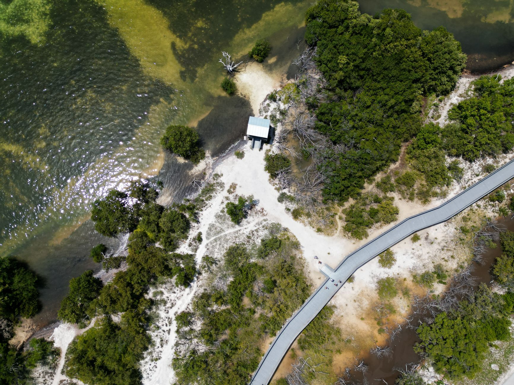 A stunning aerial view of Everglades City coastline with greenery and pathways.