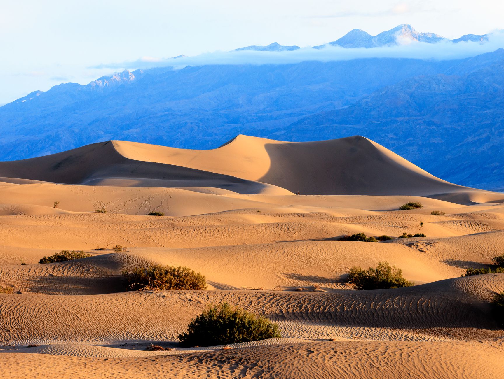 Stunning golden sand dunes with mountain backdrop in Death Valley National Park, California.
