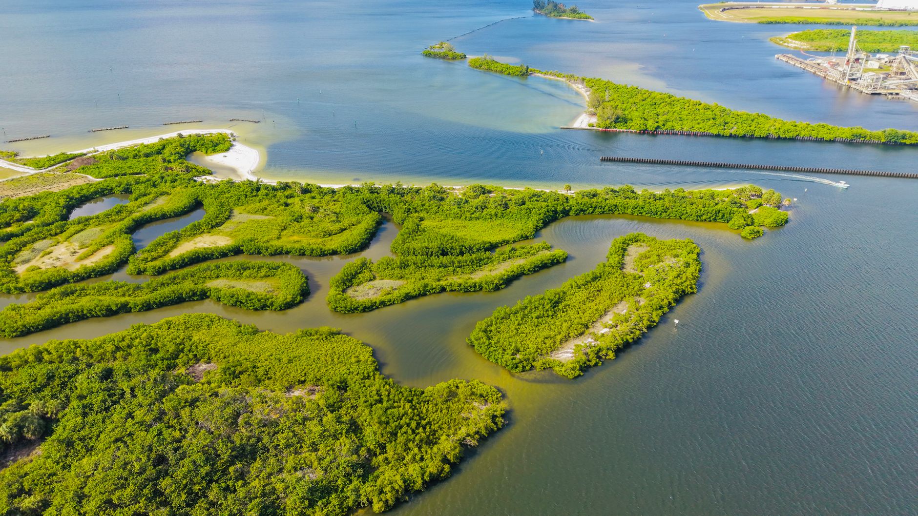 Stunning aerial view of lush islands and waterways in Florida, showcasing vibrant greenery and tranquil waters.