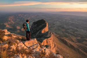 A hiker stands on a peak with lower mountains in the background at sunset