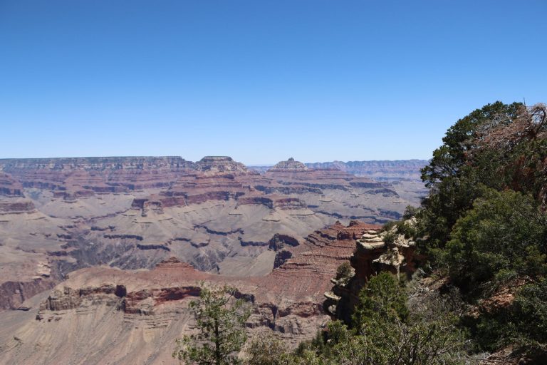 Breathtaking landscape of the Grand Canyon under clear blue skies showcasing its majestic layers.