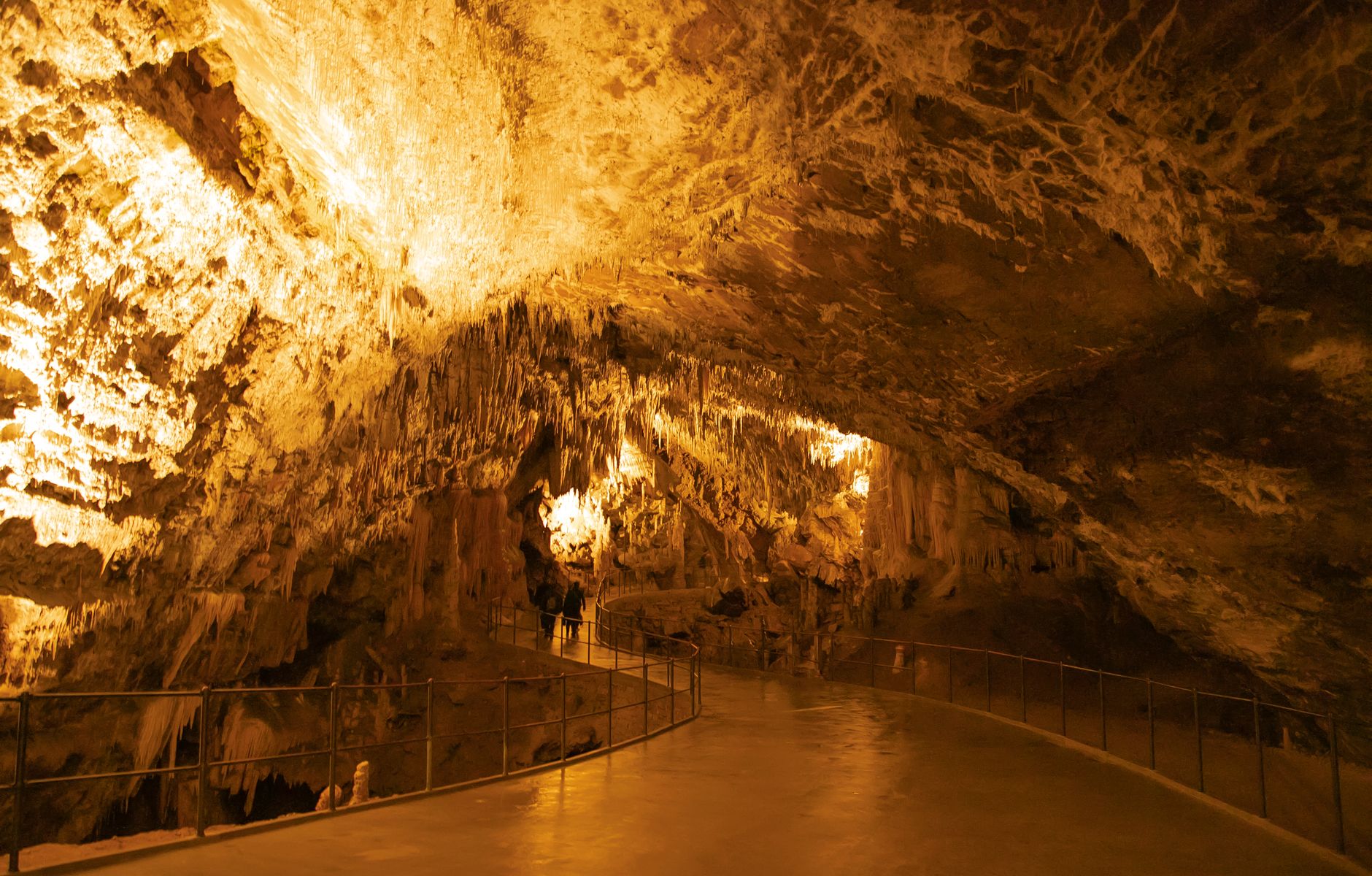 Explore the stunning formations of Postojna Cave in Slovenia, showcasing dramatic stalactites and lighting.