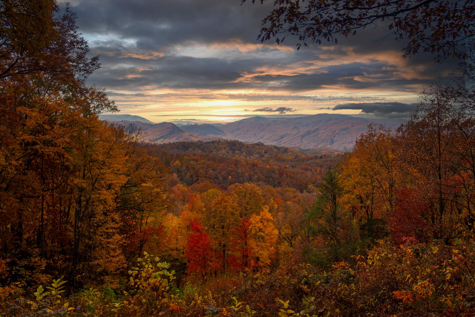 Breathtaking fall foliage scene in Gatlinburg, showcasing vibrant autumn colors under a moody sky.