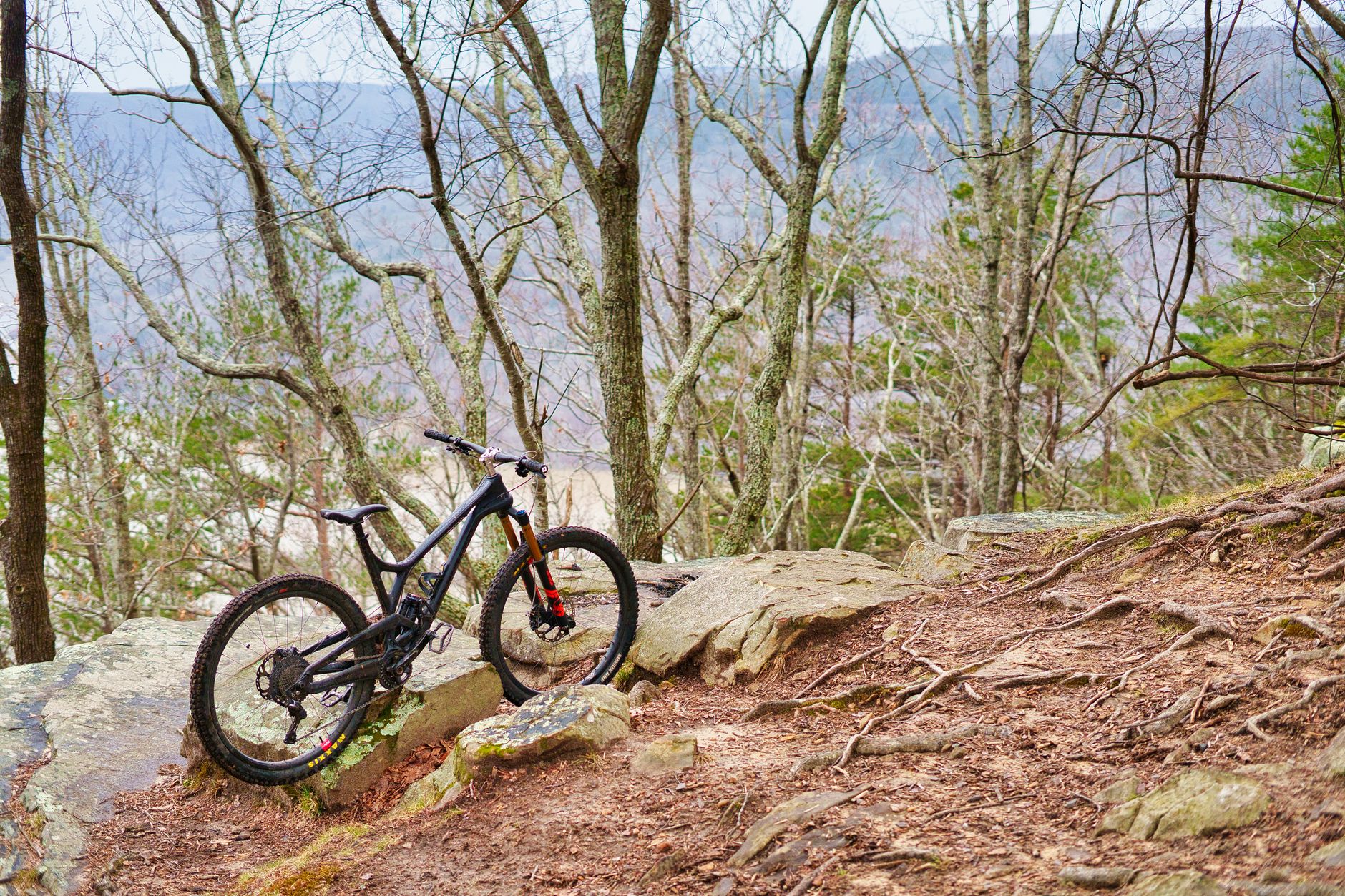 A mountain bike on a rocky trail in a forested area of Tennessee.