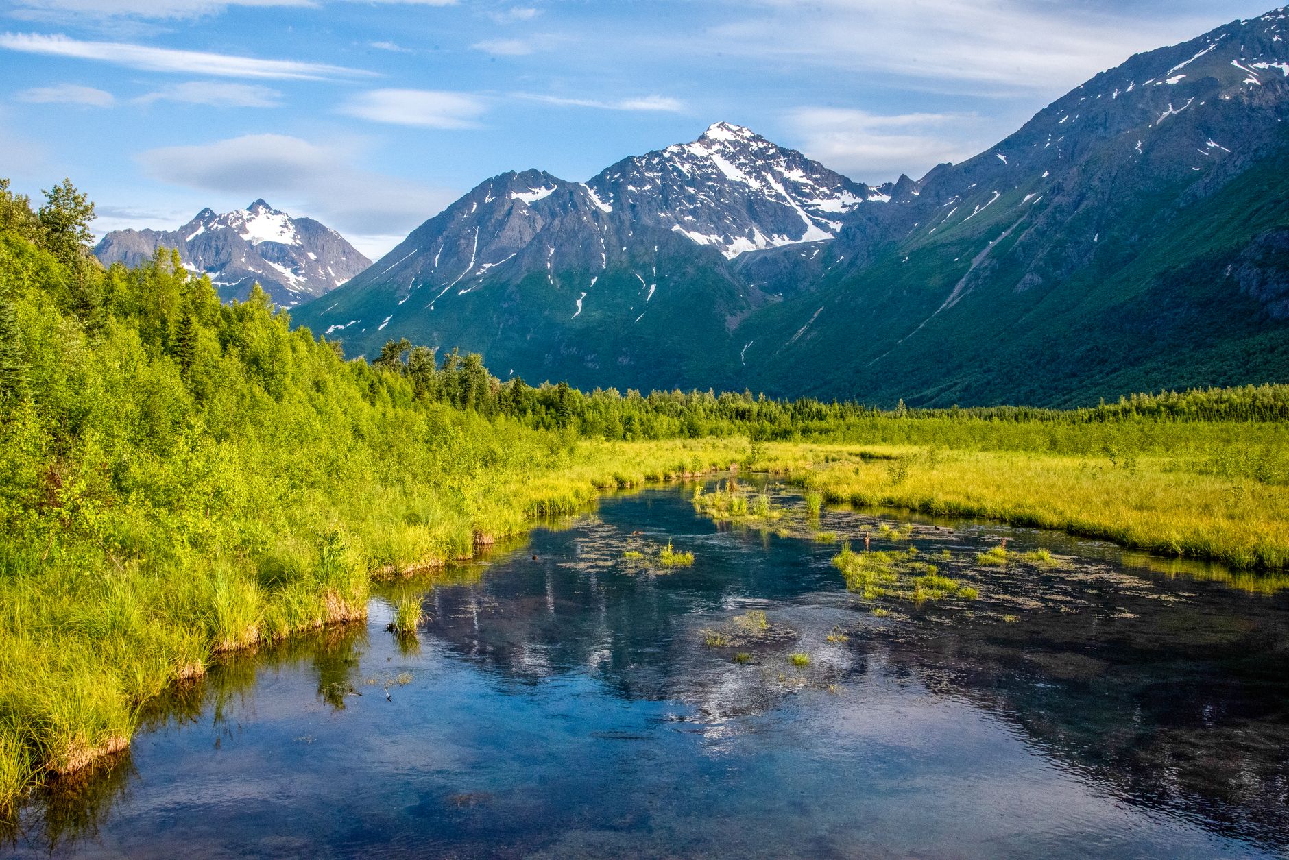 Breathtaking view of the Chugach State Park mountains with lush greenery and tranquil waters, capturing nature's beauty.