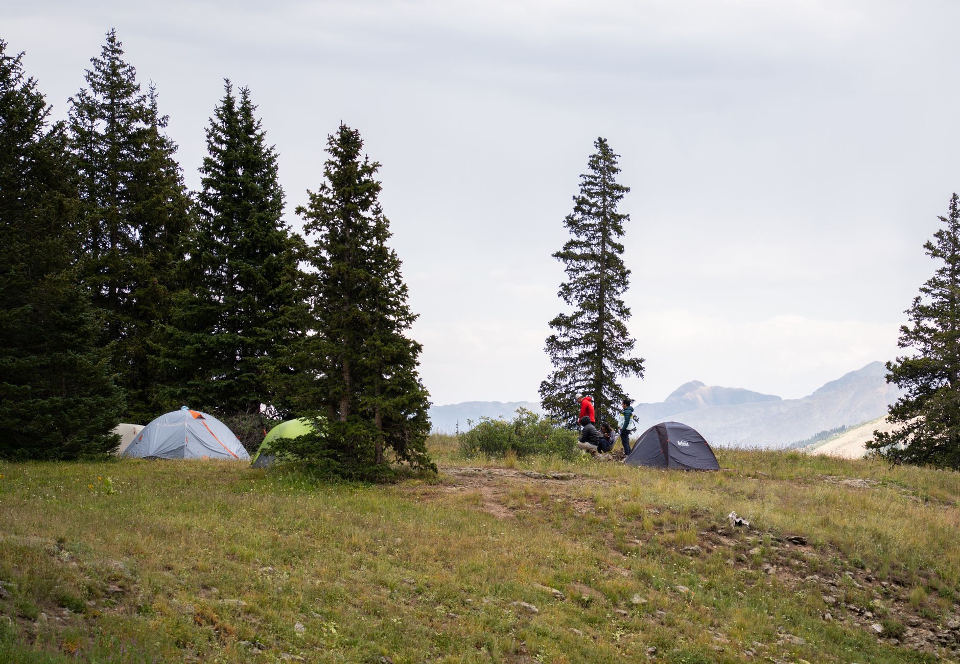 Peaceful camping scene with tents and pine trees against mountain backdrop.