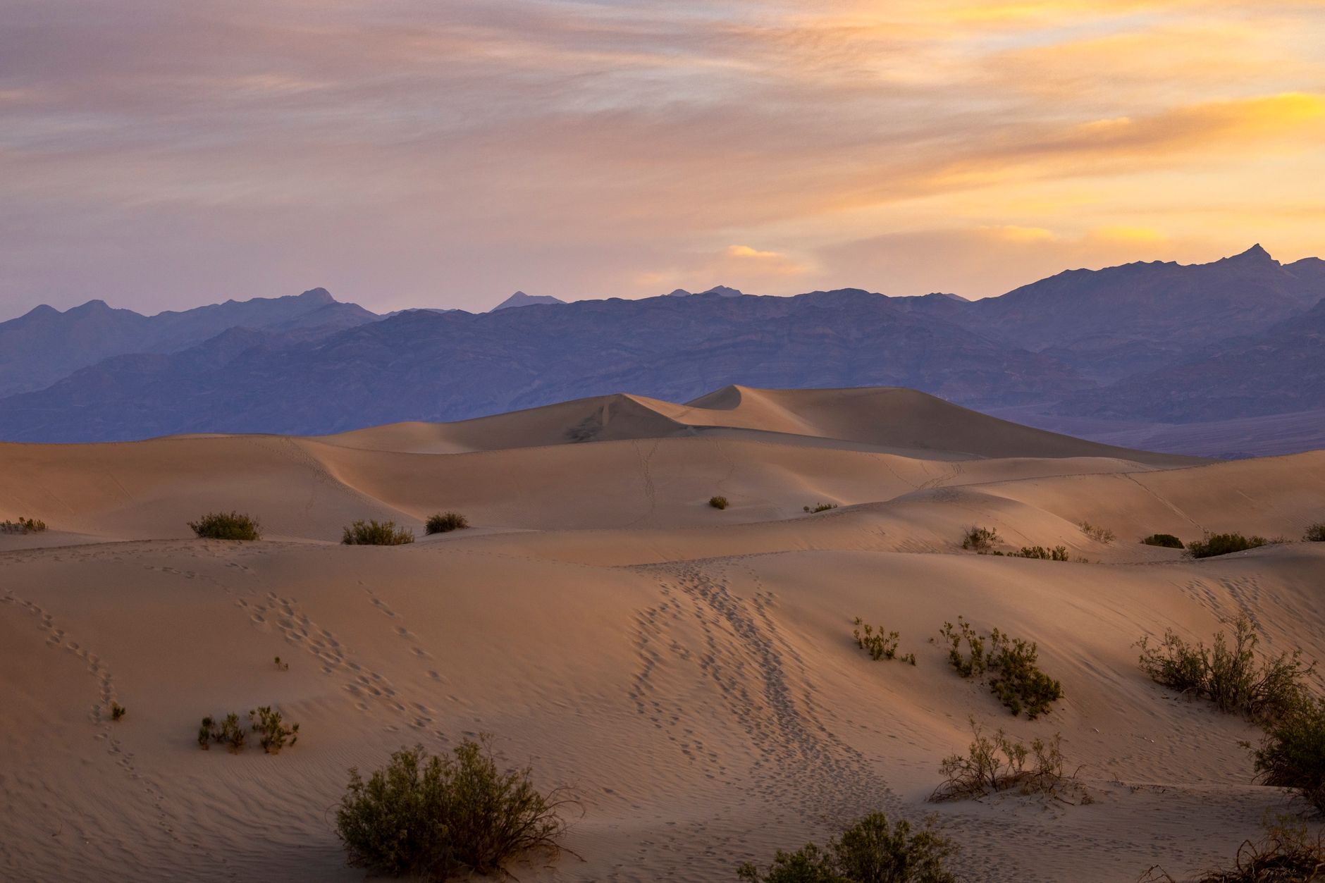 Golden sunset over Mesquite Flat Sand Dunes in Death Valley National Park with picturesque mountains.
