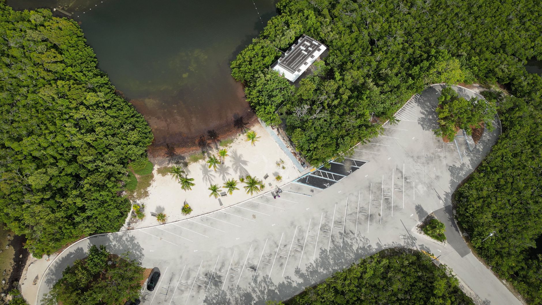 A stunning aerial view of a parking lot next to a beach surrounded by lush greenery in Everglades City, FL.