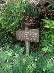 A trail junction marked by wooden signs marking distances to different trail locations.